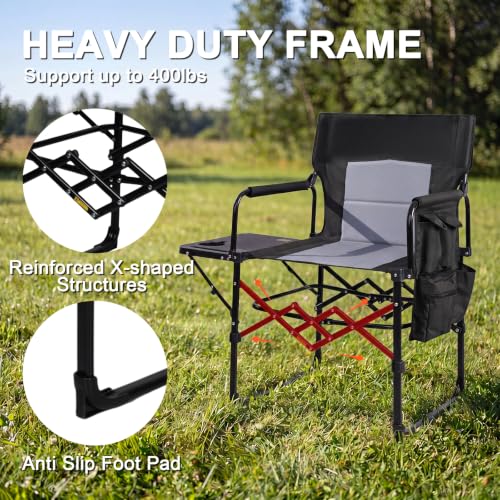 Image of Romswi 2 Pack Folding Director Chair for Outdoor, Heavy Duty Camping Chair with Side Table, Cup Holder & Storage Pockets, Oversized Portable Chair Supports 400 lbs for Fishing, Picnic, Lawn, Black