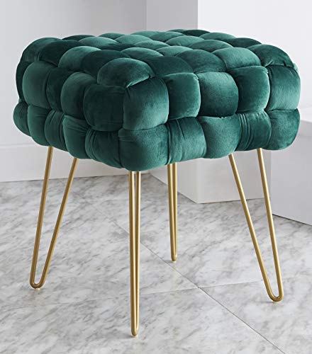 Ornavo Home Mirage Modern Contemporary Square Woven Upholstered Velvet Ottoman with Gold Metal Legs - Emerald Green
