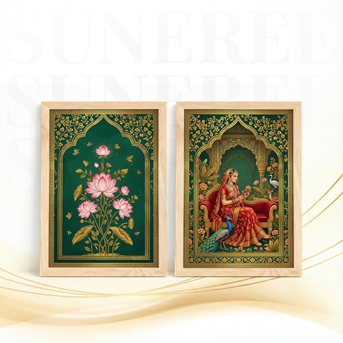 Image of Suneree Rajasthani Rani Lotus Flower Wall Art Painting | Set of 2 Framed Paintings | Mughal Indian Decor for Living Room Bedroom Home Office | (ART 7, 10x13 INCHES)