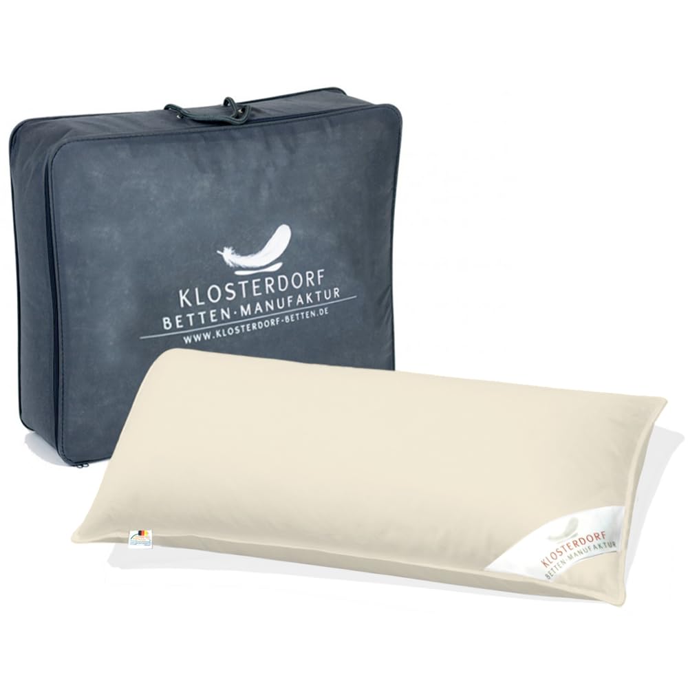 Klosterdorf Bettenmanufaktur Premium Bio Dreikammer Kopfkissen ''nobel'' - 40x80 cm - 500 Gramm - Handarbeit aus Deutschland - Für einen gesunden Schlaf - Daunenkopfkissen Daunenkissen Dreikammer