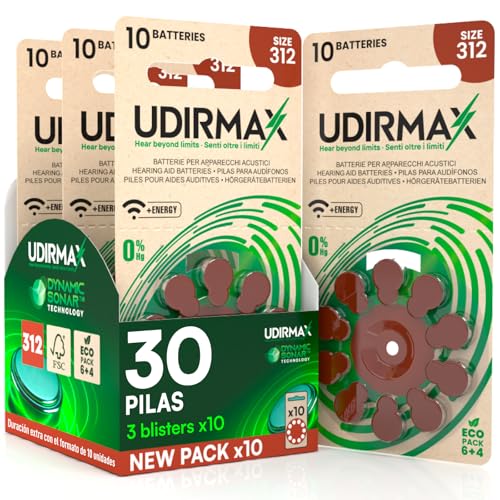 30 Pilas para Audífonos Tamaño 312 Udirmax Baterías PR41 Marrón Zinc-Air Eco Pack - 3 Eco Packs de 10 Pilas