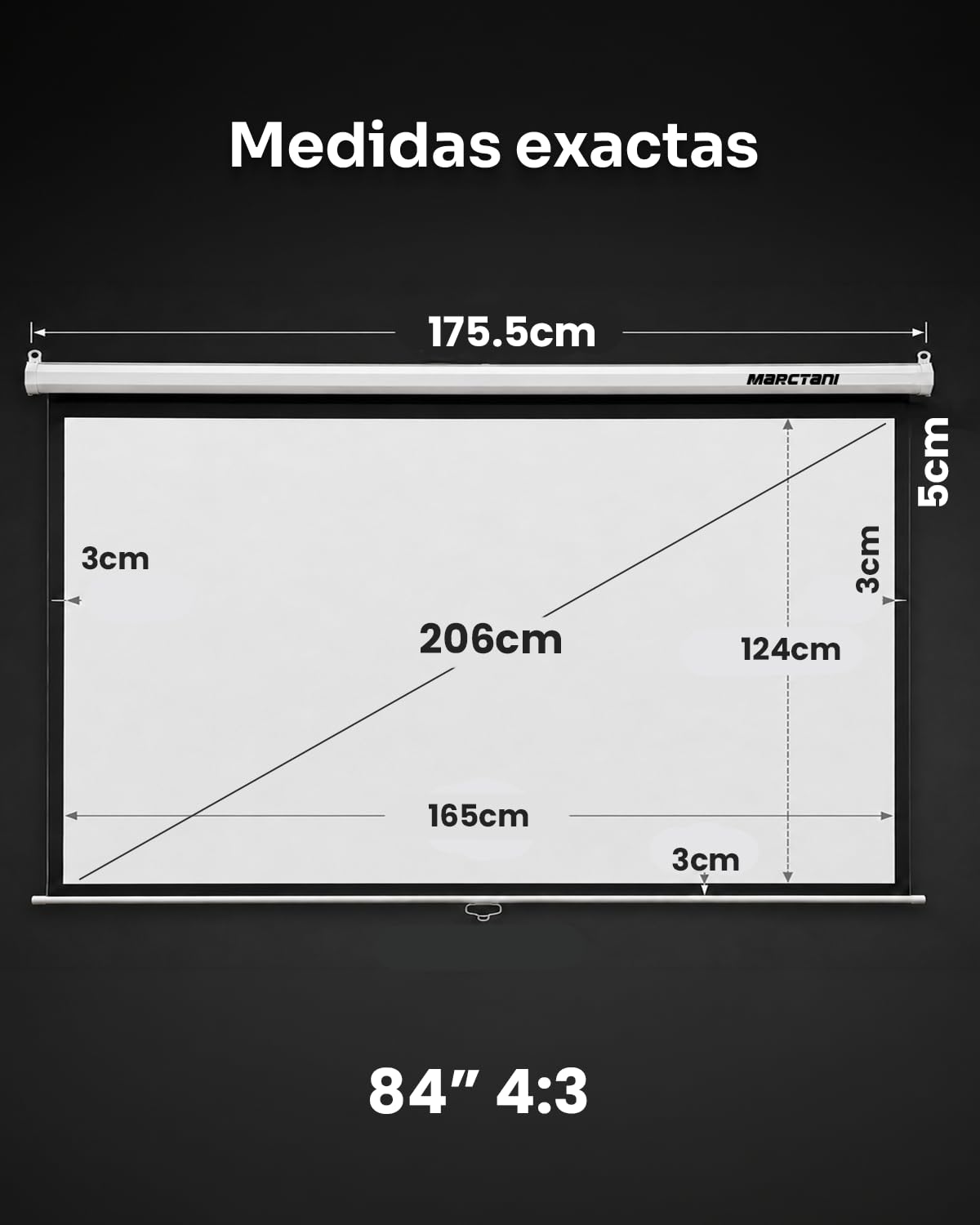MARCTANI Pantalla Proyector Enrollable 84 Pulgadas 4:3 y 16:9 - Pantalla para Proyector de Pared y Techo, Tela 3 Capas Anti-Luz - Visible 165x124 cm, Cajetín 178 cm - Cine en Casa y Exterior