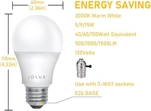Miniatura 2 de Bombillas LED A19 de 3 vías, equivalente a 40 60 100 vatios, base E26, 5915W, 50010001500LM3000K (blanco cálido)120V3WAY atenuación, bombilla