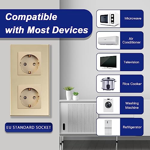 BSEED Schuko Steckdose 2 Fach EU-Standard DoppelsteckdoseWandsteckdose Kristall Glas Platte 16Amp 250 V Verlängerungssteckdosen 157mm Gold – Ansicht 3