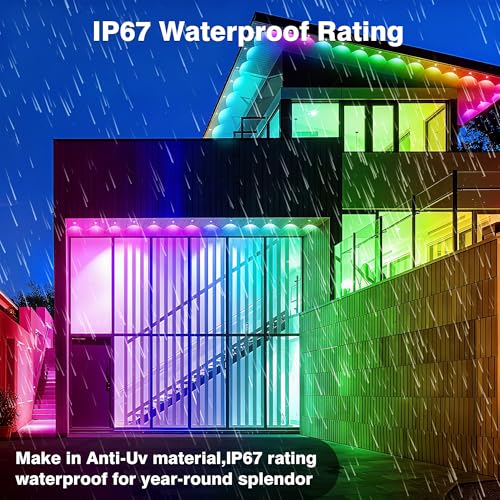 Image of 247FT WiFi Compatible Outdoor Lights, Permanent RGB 90LEDs IP67 Waterproof, App and Remote Control Color Changing Eave Lights for Holiday, Christmas, Party, Garden Decor