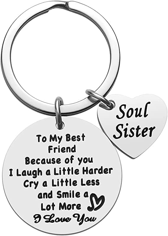 CGBOOM Soul Sister Heart Keychain Gift for Women - Silver, Modern, Friendship Love - Personalized Engraved Message