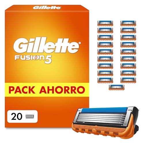 Gillette Fusion5 Recambios para Maquinillas de Afeitar, Pack de 20 Cuchillas de Afeitar con 5 Hojas, Banda de Gel Lubricante Y Recortadora de Precisión