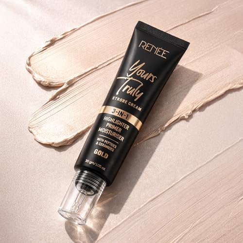 Image of RENEE Yours Truly Strobe Cream for Face | 3 in 1 Highlighter Primer Moisturiser | Glow Cream, Lightweight, Non Sticky | Hydrating Dewy Skin Finish With Peptides | For All Skin Types | Gold - 30g