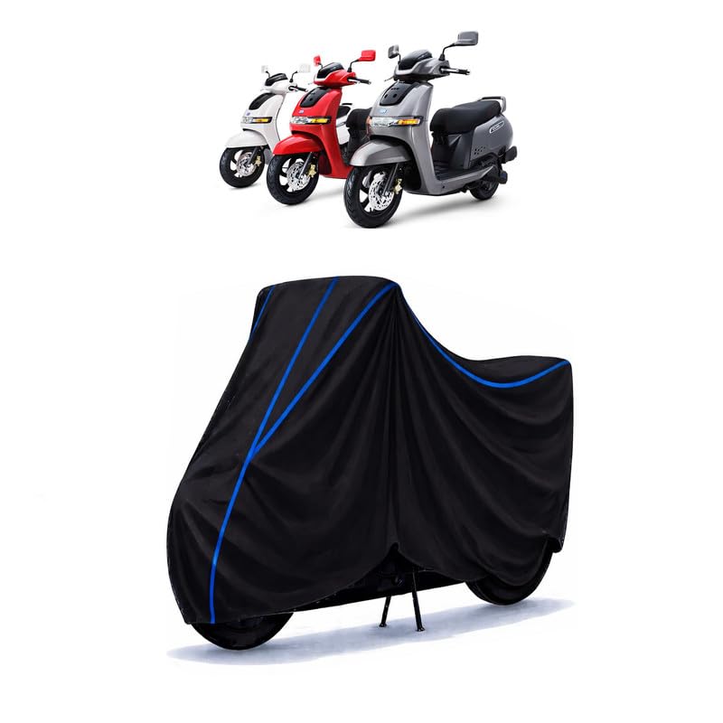 Image of Scooty Cover Water Resistant for iQube S | Universal Scooter & Bike Cover | Heavy Duty UV Protection | Dust, Rain & Scratch Protection | Elastic Fit All Weather Indoor Outdoor | Black with Blue Piping