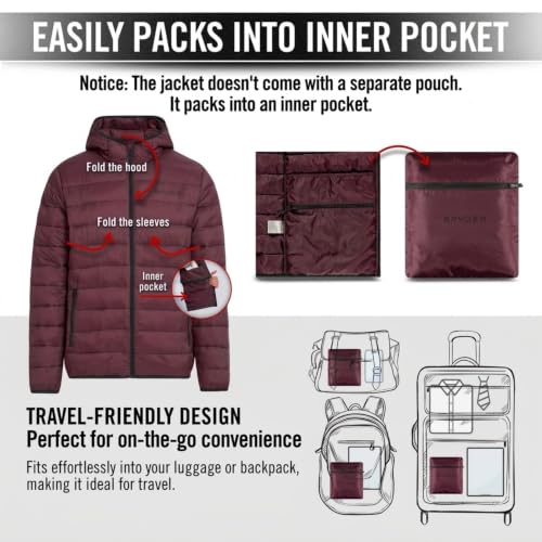 Image of Spyder Puffer Jacket Men - Packable Lightweight Quilted Hooded Winter Coat | Soft-touch insulation, packs into inner zip pocket, reversed coil zipper, zippered hand pockets