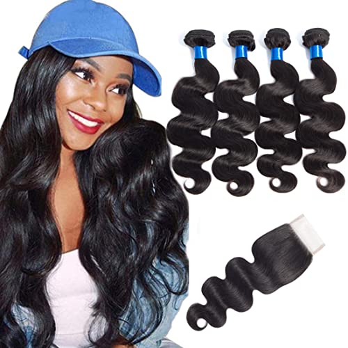 CRANBERRY Hair Brazilian Virgin Hair 4 bundles With Closure Body Wave Free Part 100% Unprocessed Human Hair Bundles Weave Weft with Lace Closure Natural Color( 12 14 16 18+10 Closure, Free Part )