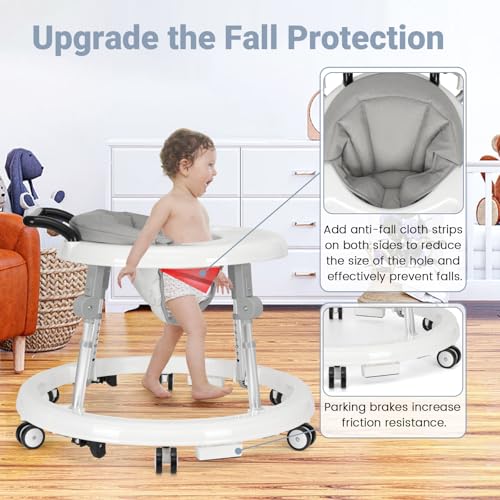 Baby Walker Foldable with 9 Adjustable Heights, Baby Walker with Wheels Portable, Infant Toddler Walker for Baby Boy Girls 6-18 Months (White) - Image 3