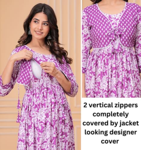 Image of Dhruvi Women's Rayon Anarkali Maternity Dress & Feeding Kurti with Zippers