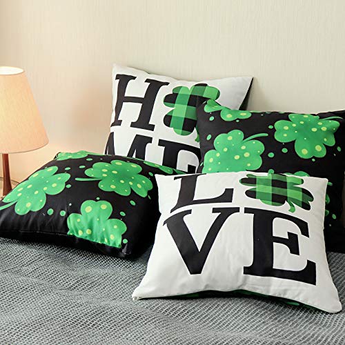 Ivenf St Patricks Day Decorations Pillow Covers 18X18, 4Pcs Lucky Shamrock Love&Home Green Black Throw Pillow Covers For St. Patrick's Day Home Office Decor, Spring Cushion Covers For Couch Sofa Bed #TOP2