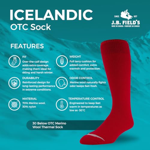 J.B. Field's Alpine -30 Below Winter Socks, Over-the-Calf Merino Wool Thermal Socks, 2 Pairs2