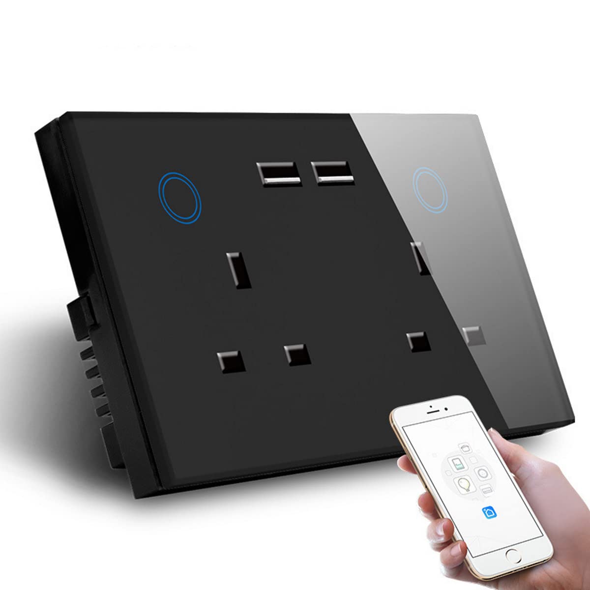 Melfi Melfiâ„¢ WIFI Smart USB Wall Socket UK Electrical Plug Outlet 240 VAC 13A Power Touch Switch Wireless Energy Monitoring by Alexa Google Home - Black