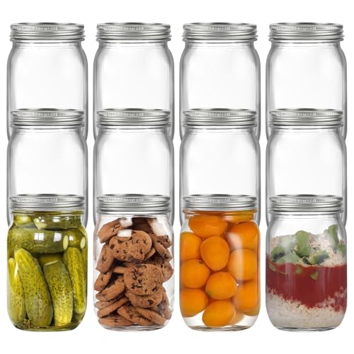 Coolkeydecor Pack of 12 32 OZ Mason Jars Wide Mouth with Airtight Lid, 32OZ / 1 Qt Tall Glass Canning Jar airtight Storage Food