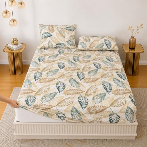 Image of Jaipur Weaves Queen Size Fitted Bedsheet Cotton with Elastic, 100% Pure Cotton Double Bed Fitted Sheet with 2 Pillow Covers, 240 TC, 60x78 Inches up to 8-inch Mattress, Leafy Design - (Grey Olive)