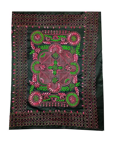 Image of SHRISTI CLOTHINGS Women's Hand Embroidered Cotton Silk Kantha Stitch Saree with Blouse Piece (J420824 BLACKD71)
