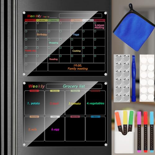 Ninyoon Calendar Meal Planner for Fridge Magnetic Acrylic Fridge Menu Dry Erase Board with 6 Markers 1 Holder 12 Hanging Hardware 12 Gaskets 1 Towel