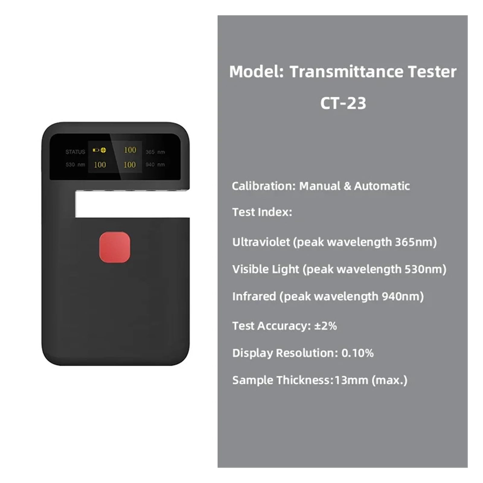 UV-Messgerät, Tragbarer Transmissionstester CT-23, UV-, VL- und IR-transmissionsmesser, Testnauigkeit ± 2%, for Solaolie, Agraolie, Fenster,Kalibrierte Messwerte
