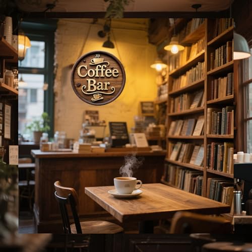Image of Wooden Coffee Bar Sign Decor - Vintage Wall Decor & Coffees Station Accessories for Kitchen, Home, Office, Cafe - Housewarming Gift (Coffee Bar Sign)