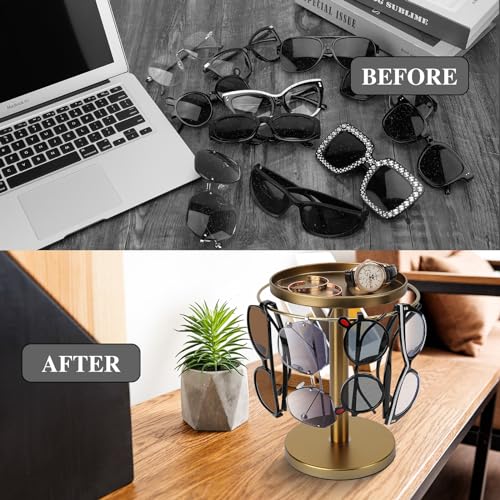 360° Rotating Sunglass Organizer Storage, Stainless Steel Glasses Holder Stand, Glasses Organizer with Tray for Desk, Dresser, Tabletop, Nightstand and Home Decor (Gold) - Image 3
