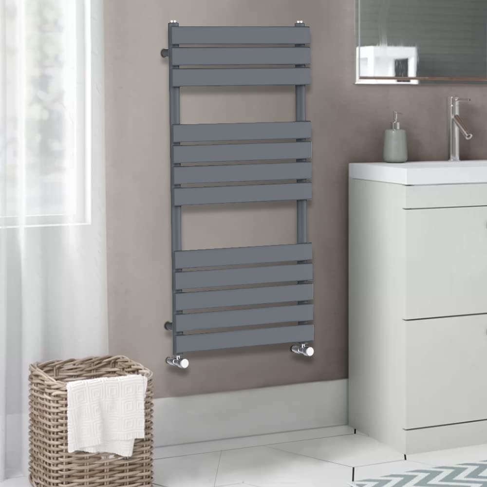 Warmehaus Flat Panel Heated Towel Rail Radiator Ladder Rad Anthracite 1200 x 450mm Grey Central Heating Towel Warmer for Bathroom Kitchen