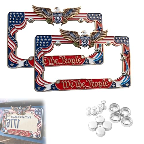 250th Anniversary License Plate Frame - Alloy Steel Metal Patriotic Plate Cover Slim Legal Design Rust-Proof American USA Car Decor for Standard Plates (2pcs Pack)
