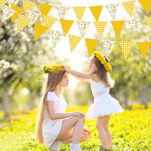 Image of 44Ft Daisy Party Decoration Yellow Buffalo Plaid Floral Daisy Banner Bunting Hanging Paper Triangle Garland for Spring Birthday Wedding Bridal Shower Engagement Bachelorette Baby Shower Party Supplies
