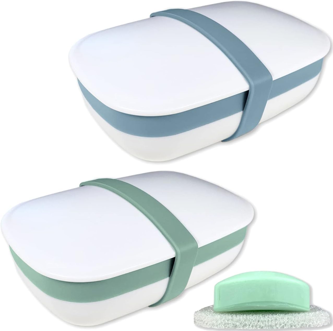 2Pack Travel Soap Holders, Soap Bar Box Dish Container Case, with Sponge Saver& Band, for Gym, Travel (Blue & Green)