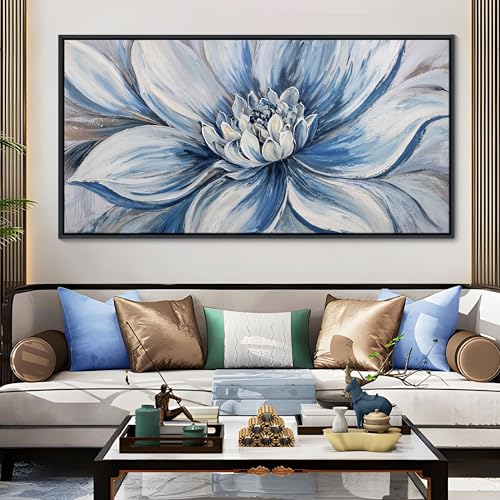 Image of Pogusmavi Blue Floral Wall Art for Living Room - Large Textured Flower Pictures for Bedroom - Canvas Paintings, Extra Large Blue and White Wall Decor Dining Room Artwork for Walls 29x58IN