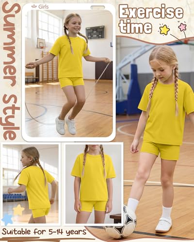 Image of Oakgarden Summer Outfits for Girls 5-14Y Athletic Casual Sets Kid Short Sleeve Shirt Bike Shorts 2 Piece Tween Trendy Clothes