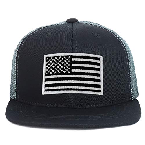 Armycrew Youth Kid's Black White American Flag Patch Flat Bill Snapback Trucker Cap