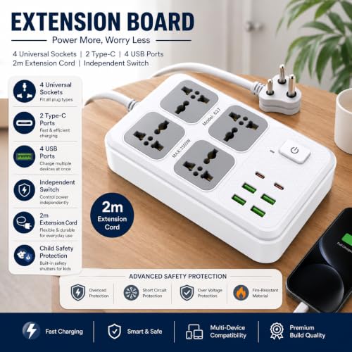 Image of Power Strip with 4 Universal Sockets with Child Security + 4 USB Ports + 2 Type-C Port, High Temperature Fuse Protector, 1500W with 2 Meter Cable, Wall Mountable Multi Plug for Home - White