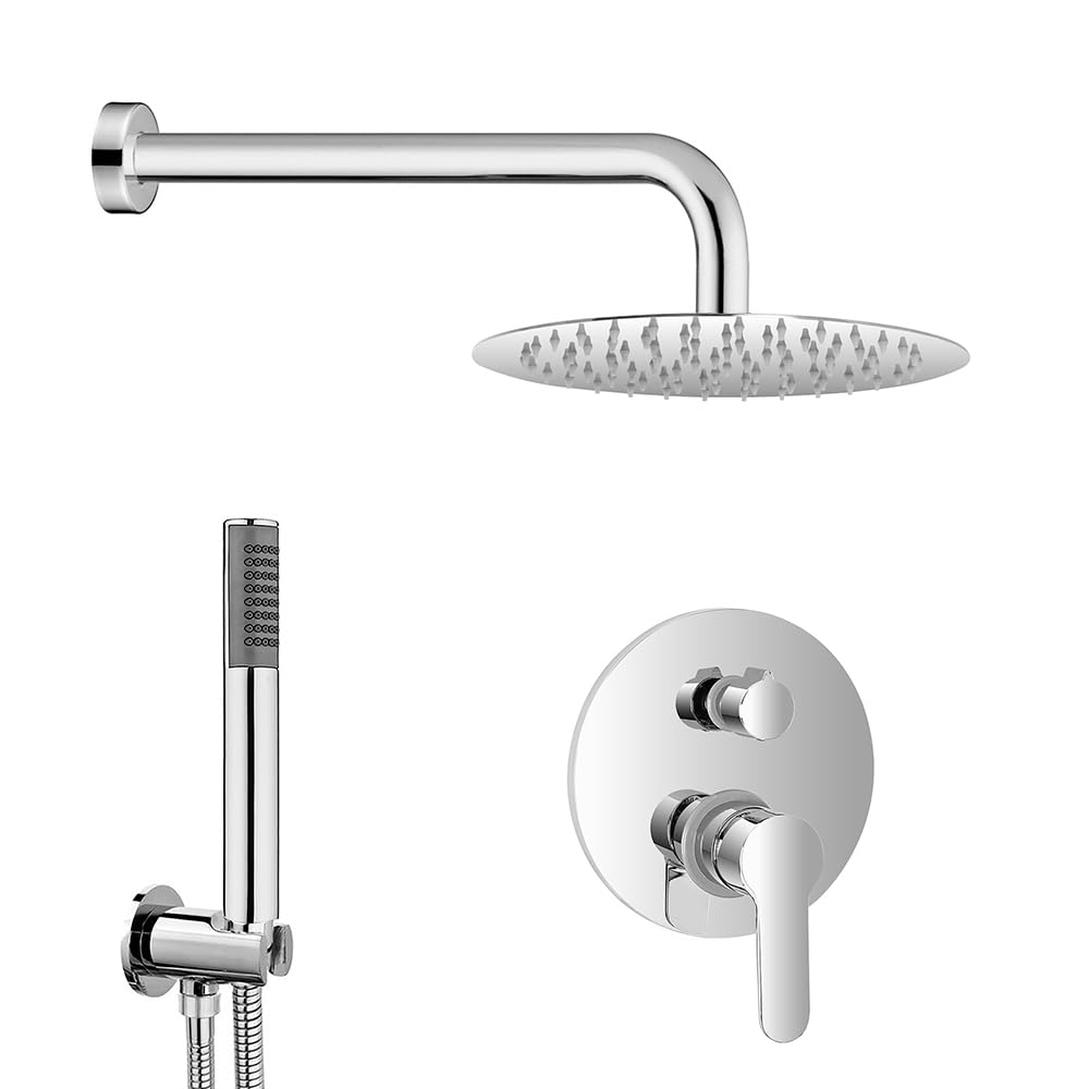 Set doccia a incasso con deviatore in ottone, braccio 35 cm, soffione tondo 20 cm in acciaio inox e kit doccia completo, ZOE