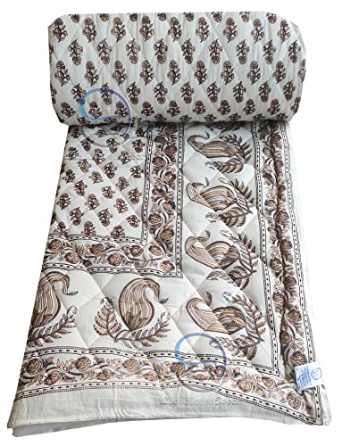 Image of Jaipuri Razai Single Bed Gold Print with Computerized Quilting Use as Soft and Breathable Cotton Comforter Quilt Rajai Blanket Dohar Size 55X85 inch Off White (Cream) Pack of 2