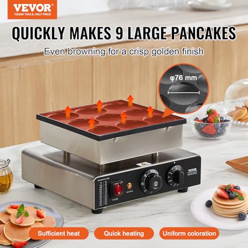 Image of VEVOR Dutch Pancake Maker, 9PCS 76mm Diameter Dorayaki Baker Machine, 850W Commercial Electric Poffertjes Grill, Non-stick Stainless Steel, Temp & Time Control, for Home Kitchen Restaurant Snack Bar