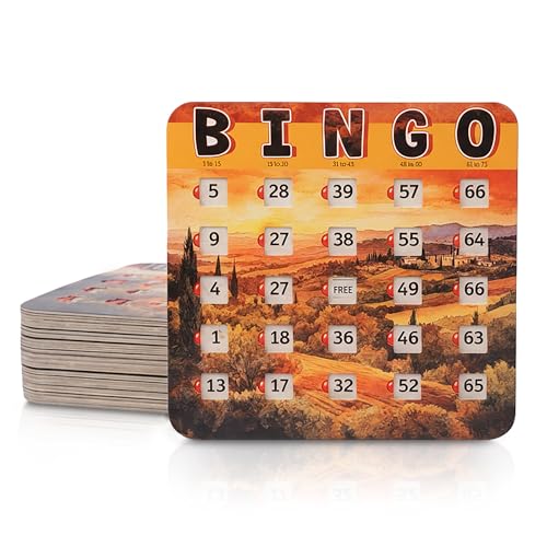 GSM Brands Bingo Cards Set - 25 Disposable Blue Cards with Red Sliders Easy to Use Large Numbers No Duplicates