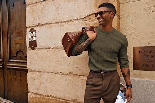 PJ PAUL JONES Mens Sweaters Casual Crewneck Sweater Cable Knit Pullovers Army Green4