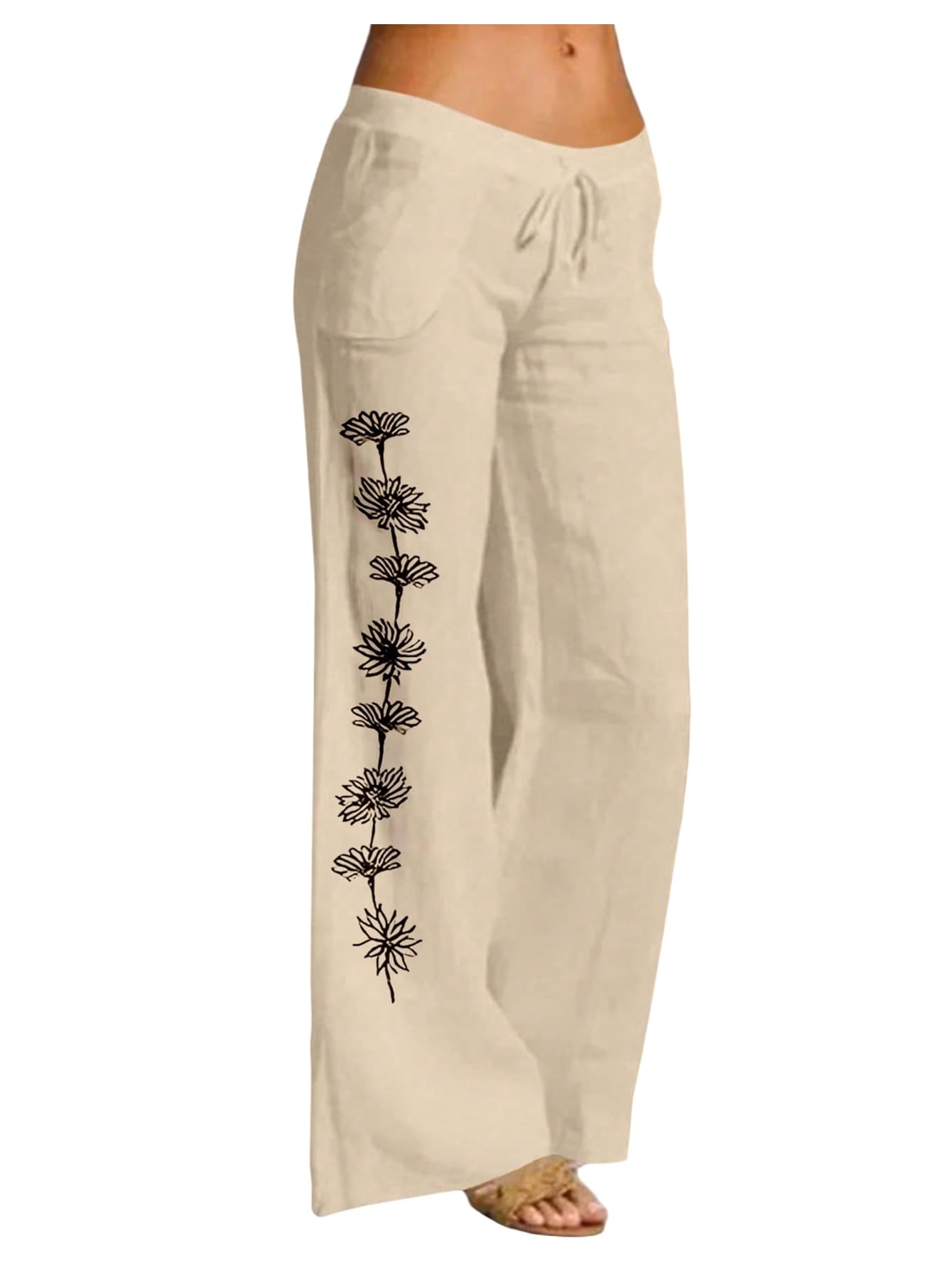 MakeMeChic Womens Fall Floral Straight Leg Linen Pants Drawstring Waist Low Waisted Boho Trousers