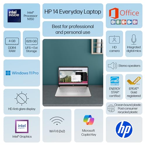 Image of HP 14 inch Laptop Ultra-Portable Computer 2026 Student Business, MS Office, Copilot AI, Intel 4-Core CPU, 4GB RAM, 628GB Storage (128GB UFS+500GB Ext), Long Battery, MaxsolAccessory, Win 11 Pro, Rose Gold