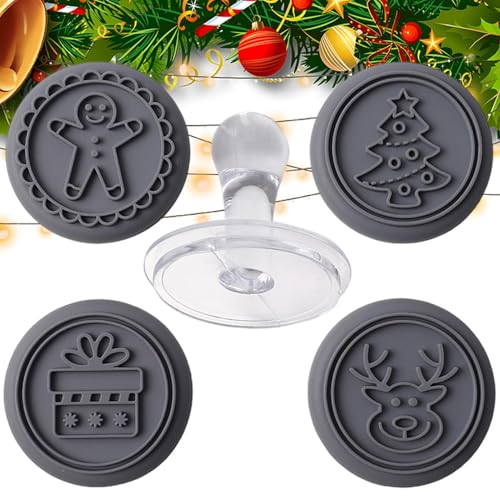 Sello para galletas navideñas,Juego de sellos para galletas navideñas,Cortadores de galletas con estampado de silicona de 4 patrones - Alce seguro para alimentos, caja, árboles de Navidad, prensa de m