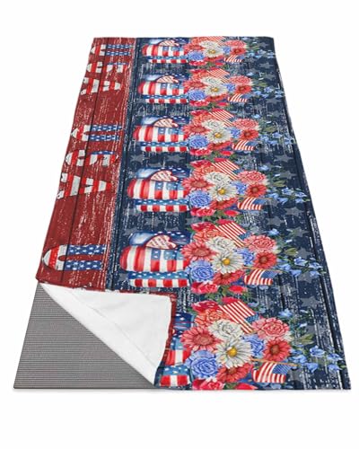 BOSIJOY Yoga Mat Towel,Independence Day USA Flag Flower Non Slip Sweat Absorbent Hot Yoga Towels with Corner Pockets,Star and Stripe on Wooden Soft Microfiber Towel for Pilates Bikram 70