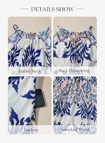 Image of BLENCOT Womens Summer Beach Halter Neck Dresses Casual Smocked A Line Floral Mini Dress with Pockets