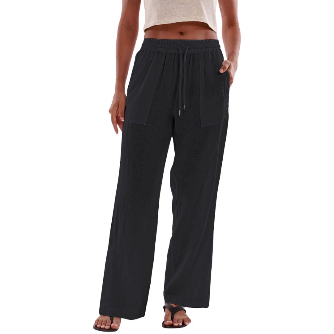 Amazhiyu Womens 100 Linen Wide Leg Elastic Lounge Pants Side Slit with Pockets