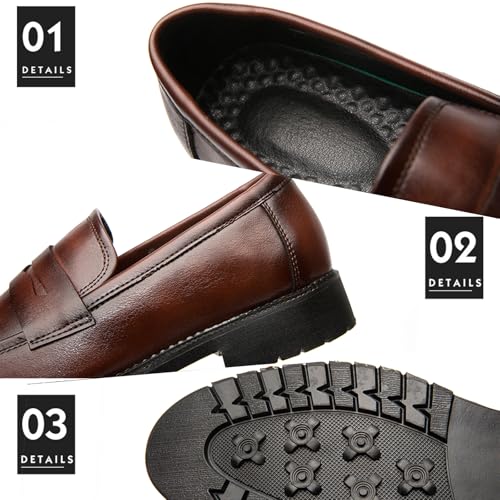 Men's Leather Penny Loafers Retro Round Toe Perforated Block Heels Slip-On Dress Work Shoes Classic Moccasin Casual Business Shoes 5