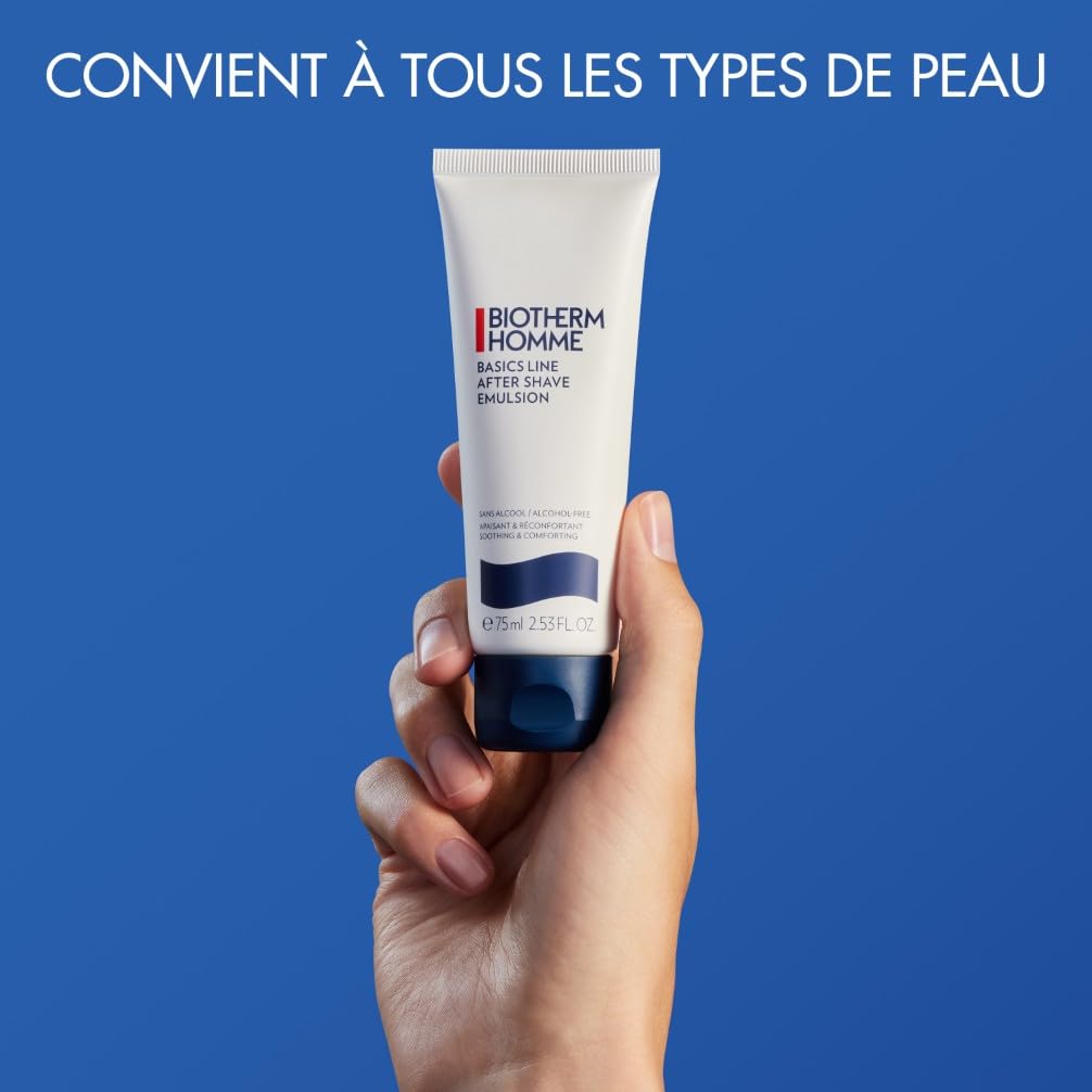 BIOTHERM HOMME Basics Line After Shave Emulsion, Après-rasage Apaisant sans alcool, pour peaux normales à sèches, anti-irritations post-rasage, peau hydratée et élastique, 75 ml