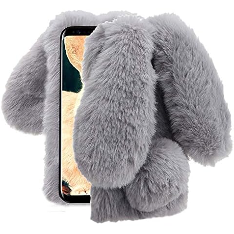 for Samsung Galaxy Note 8 Case, Aearl Rabbit Fur Ball Case,Luxury Cute 3D Homemade Diamond Winter Warm Soft Furry Fluffy Fuzzy Bunny Ear Plush Grey Phone Case Cover for Girls Women Cover