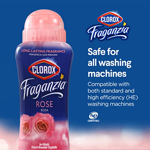 Image of Clorox Fraganzia Laundry Scent Booster Crystals, In-Wash Fragrance Beads for Fresh-Smelling Clothes & Linens, Safe for All Fabrics & Colors, Easy-Pour Bottle, Rose Scent, 18 Oz, 2 Pack